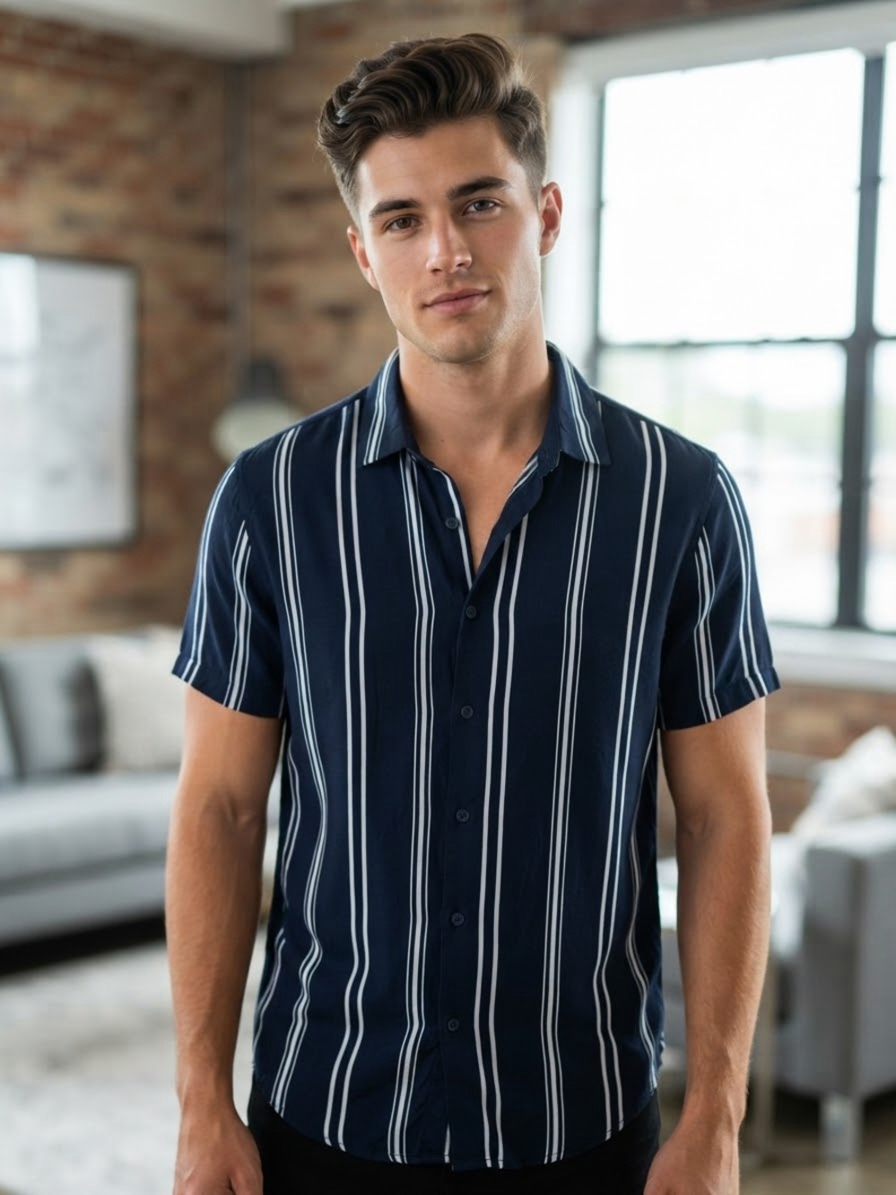 Cactus Navy and White Vertical Stripe Short-Sleeve Button-Down Shirt